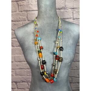 Unique and VIbrant Boho Multistrand Art Glass and Metal Bead Necklace